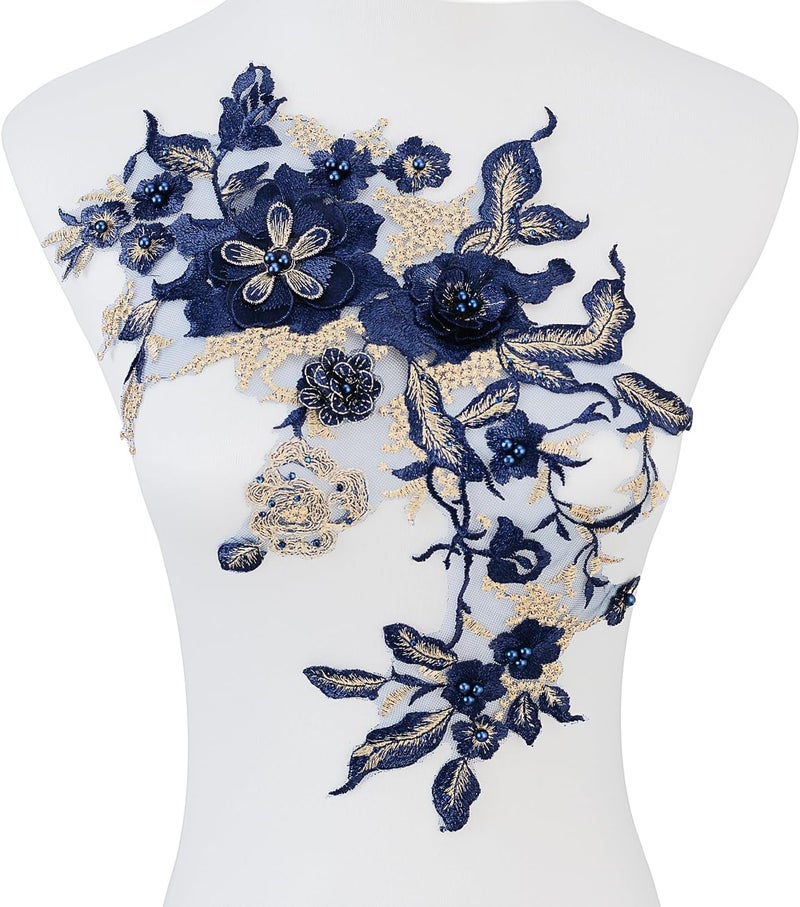 Silvora Colorful Flower Fabric Beaded Lace Applique,3D Embroidered Flower Fabric Patch for Bridal Dress, Handmade Sewing Tool for Wedding DIY Crafts(Blue-3) - Image 1